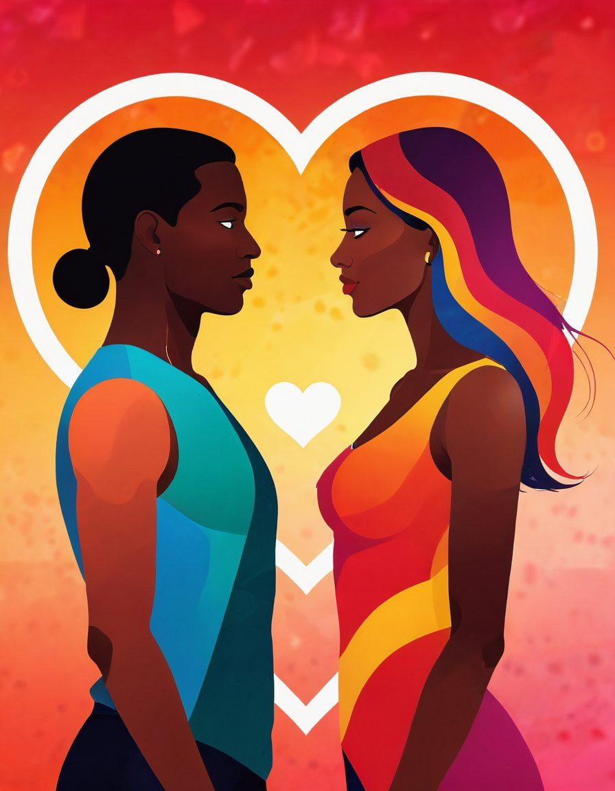 An abstract representation of adult media's influence on sexual connection, featuring intertwined silhouettes of diverse couples communicating with vibrant heart symbols emanating from their interaction. The backdrop should be a blend of warm and inviting colors, symbolizing intimacy and connection. Include elements like film reels and digital screens subtly in the background to represent media. emotive stylization with flowing lines and soft edges. vibrant colors. modern digital art.
