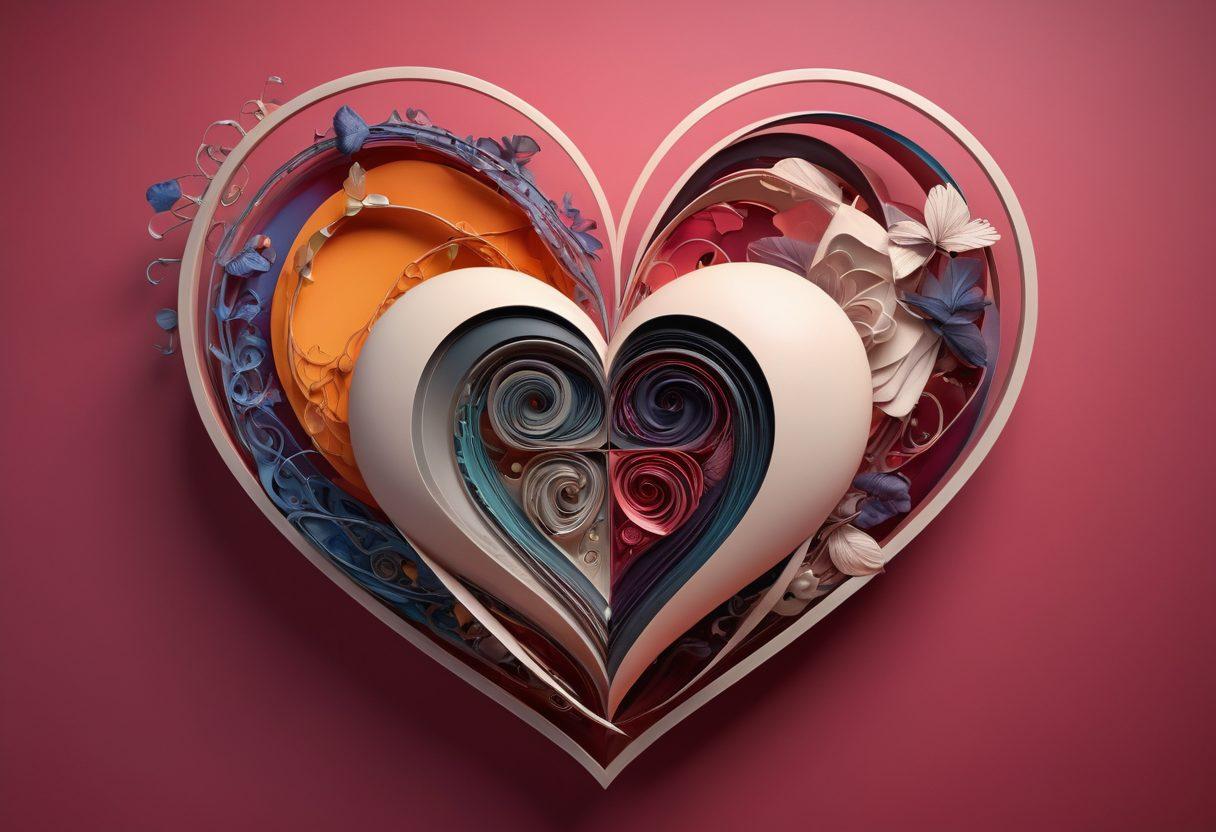 An abstract representation of intertwined hearts and symbolic elements depicting various fetishes, with a contrasting light and dark color palette to signify the duality of love and desire. Incorporate soft, flowing textures that blend into sharp, geometric shapes. A subtle gradient background that fades from warm to cool tones, hinting at intimacy and complexity. Include hints of film reels and digital screens to symbolize pornography's influence on relationships. surrealistic. vibrant colors. 3D.